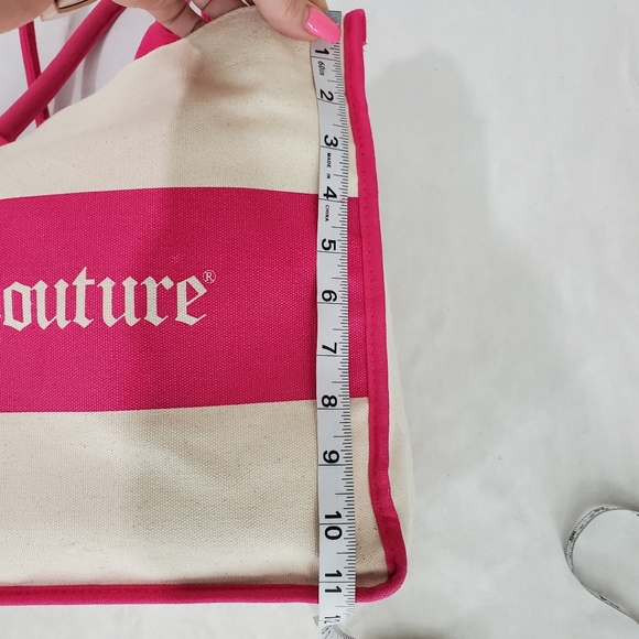 Juicy Couture Beige Canvas Tote Bag Pink Trim Logo Handle Errand Shopping School - Picture 12 of 13